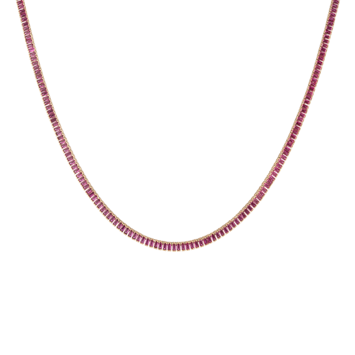 Lab Grown Red Ruby Baguette Tennis Necklace Vermeil Yellow Gold 16in First