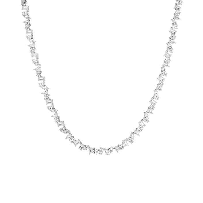 Lab Grown White Sapphire Mixed Shape Tennis Necklace Vermeil White Gold 16in First